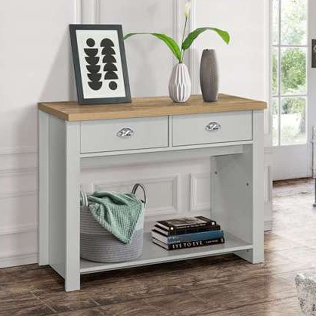 Modern Design Oak Top 2 Drawers Console Table - Grey - Birlea Essentials