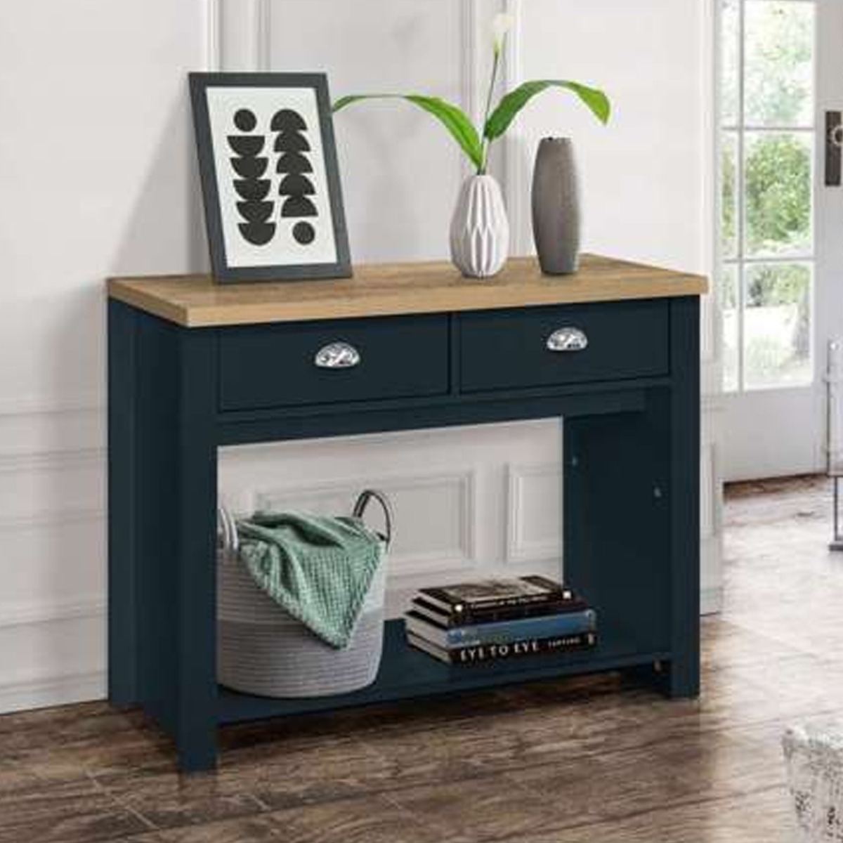 Modern Design Oak Top 2 Drawers Console Table - Navy Blue - Birlea Essentials