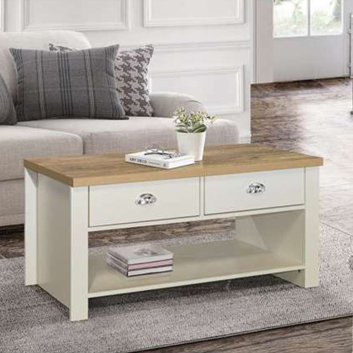Modern Design Oak Top 2 Drawers Coffee Table - Cream - Birlea Essentials