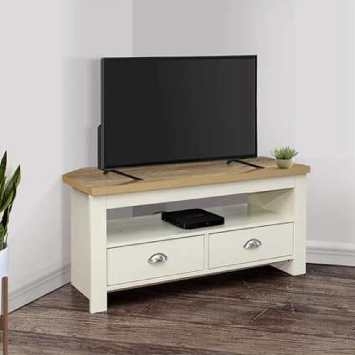 Modern Design Oak Top 2 Drawers Corner Tv Table - Cream - Birlea Essentials