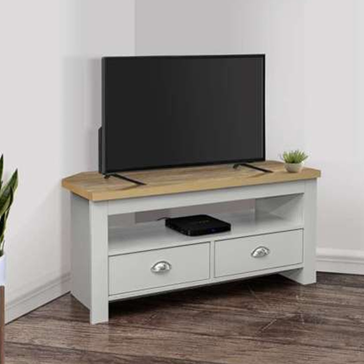 Modern Design Oak Top 2 Drawers Corner Tv Table - Grey - Birlea Essentials