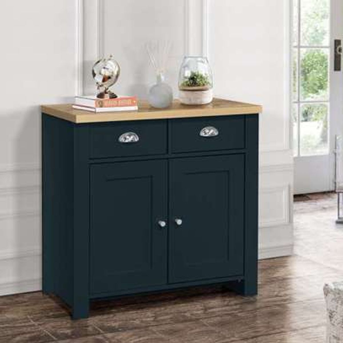 Contemporary Style Oak Top 2 Door Sideboard with 2 Drawers - Navy Blue - Birlea Essentials