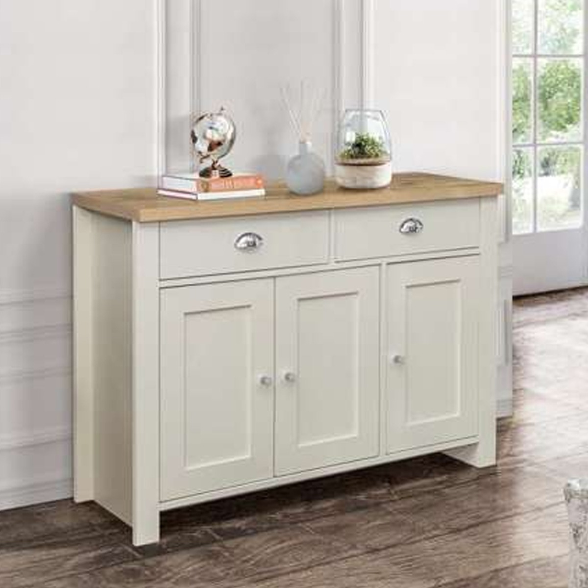 Contemporary Style Oak Top 3 Door Sideboard with 2 Drawers - Cream - Birlea Essentials
