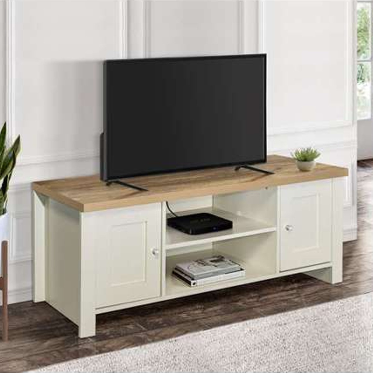Modern Design Oak Top 2 Drawers Corner Large Tv Table - Cream - Birlea Essentials