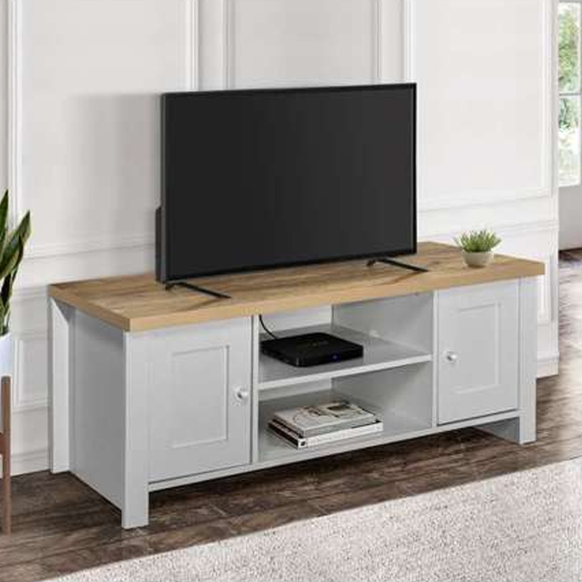 Modern Design Oak Top 2 Drawers Corner Large Tv Table - Grey - Birlea Essentials