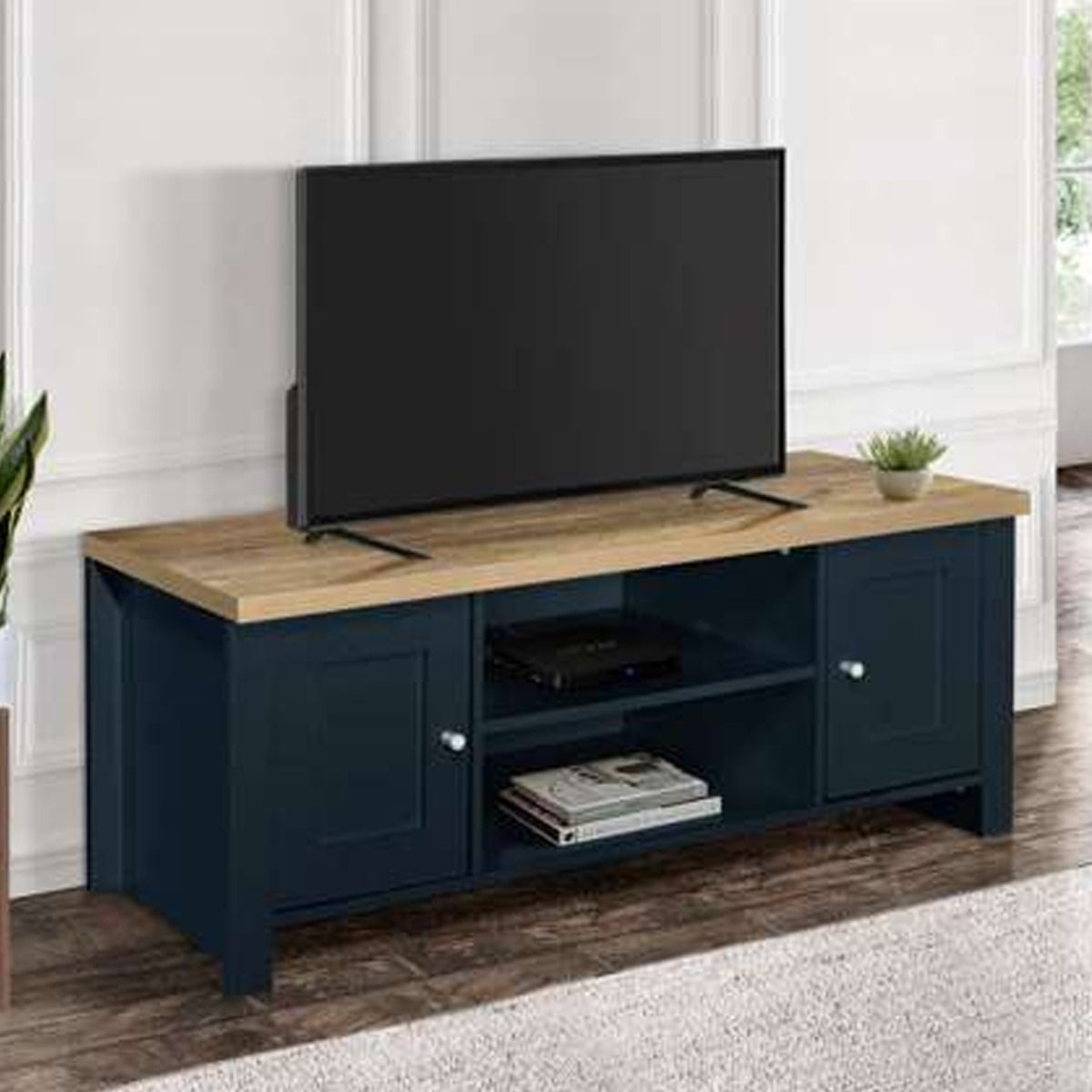 Modern Design Oak Top 2 Drawers Corner Large Tv Table - Navy Blue - Birlea Essentials