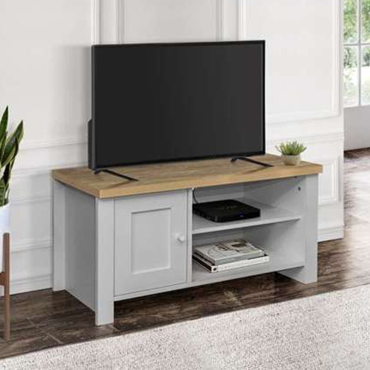 Modern Design Oak Top Single Door Corner Small Tv Table - Grey - Birlea Essentials