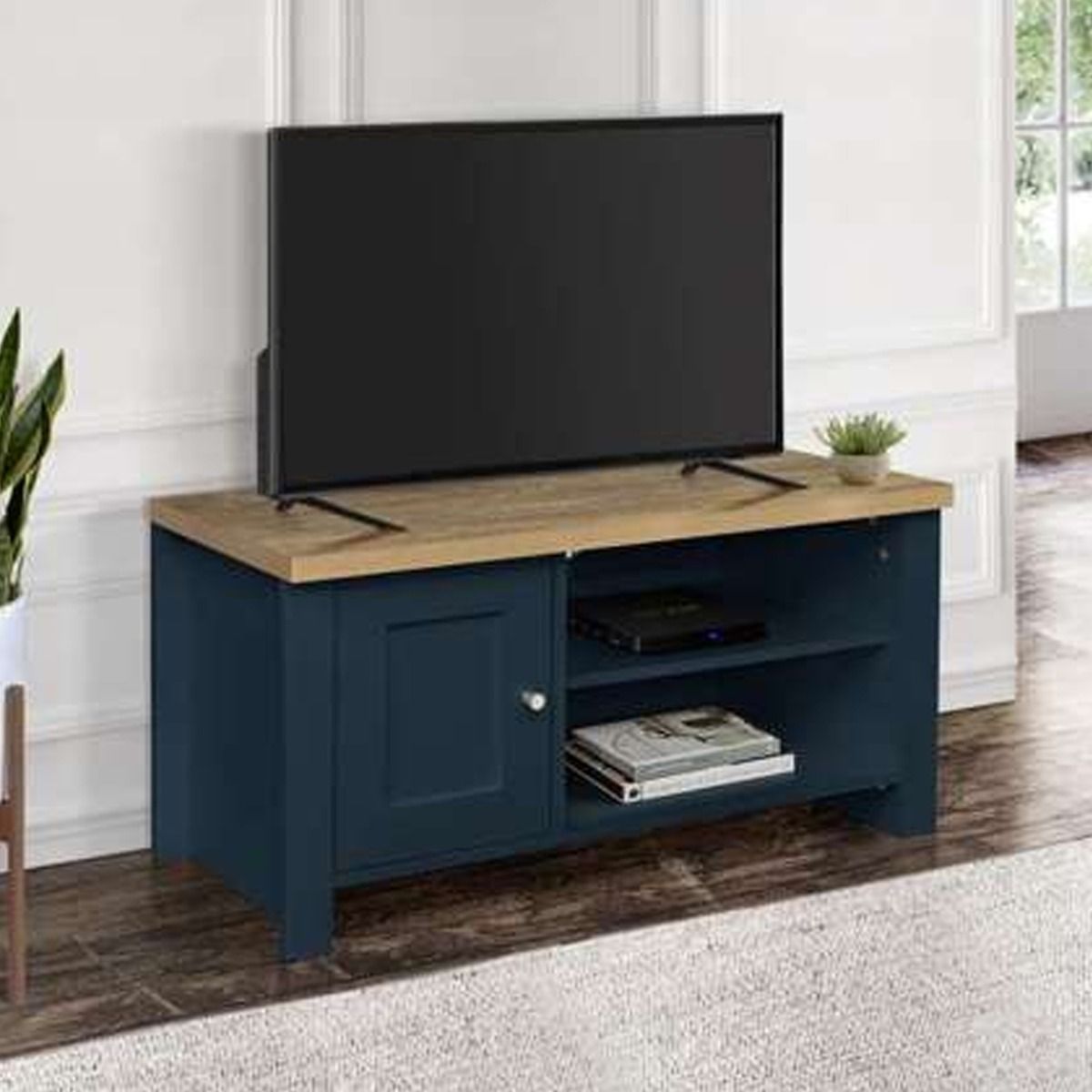 Modern Design Oak Top Single Door Corner Small Tv Table - Navy Blue - Birlea Essentials