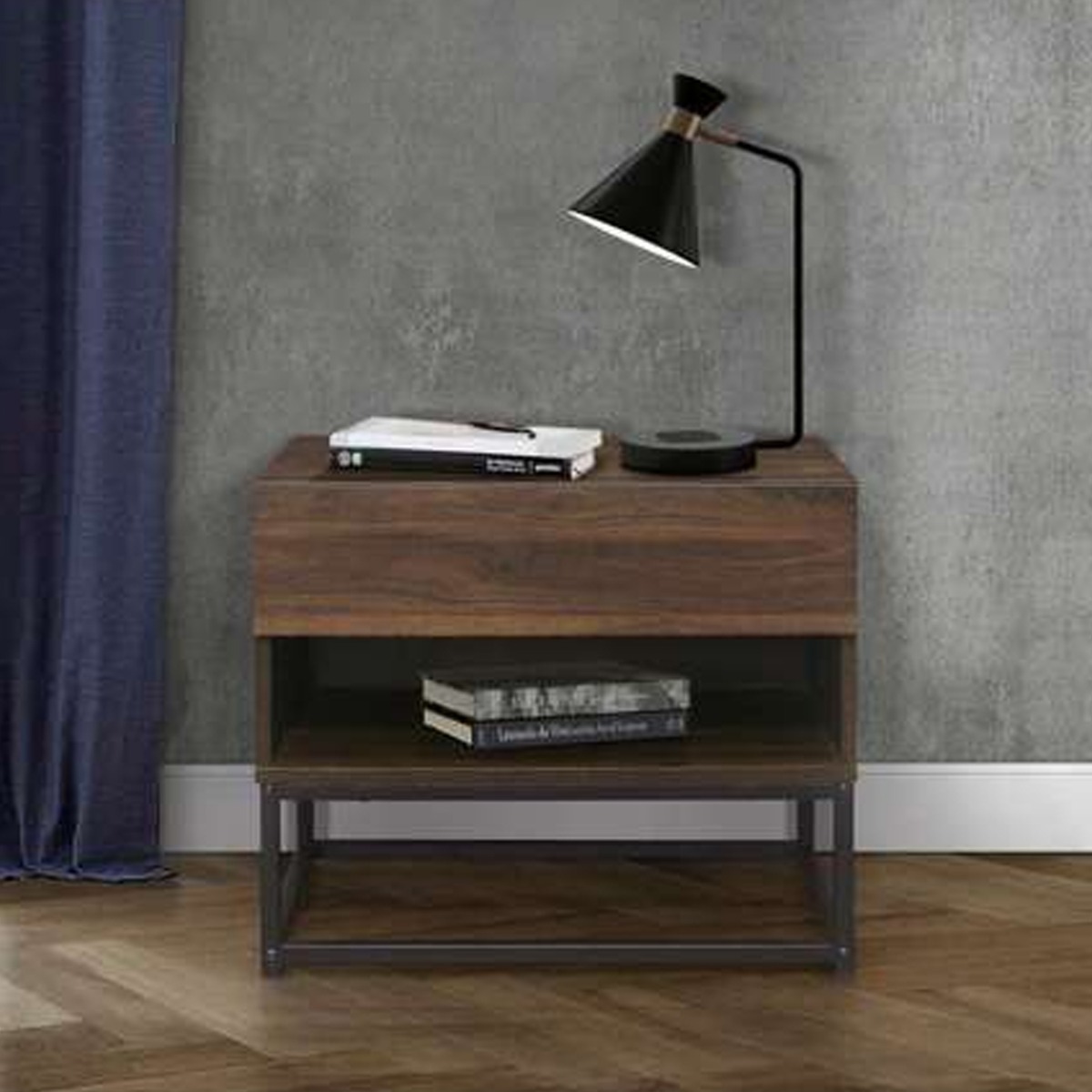 Bedside Table - METAL 1 Drawer Nightstand Navy Blue and Oak 60cm - Birlea Essentials