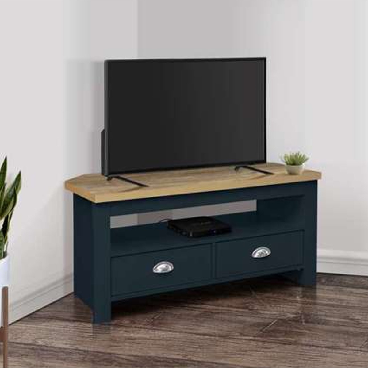 Modern Design Oak Top 2 Drawers Corner Tv Table - Navy Blue - Birlea Essentials