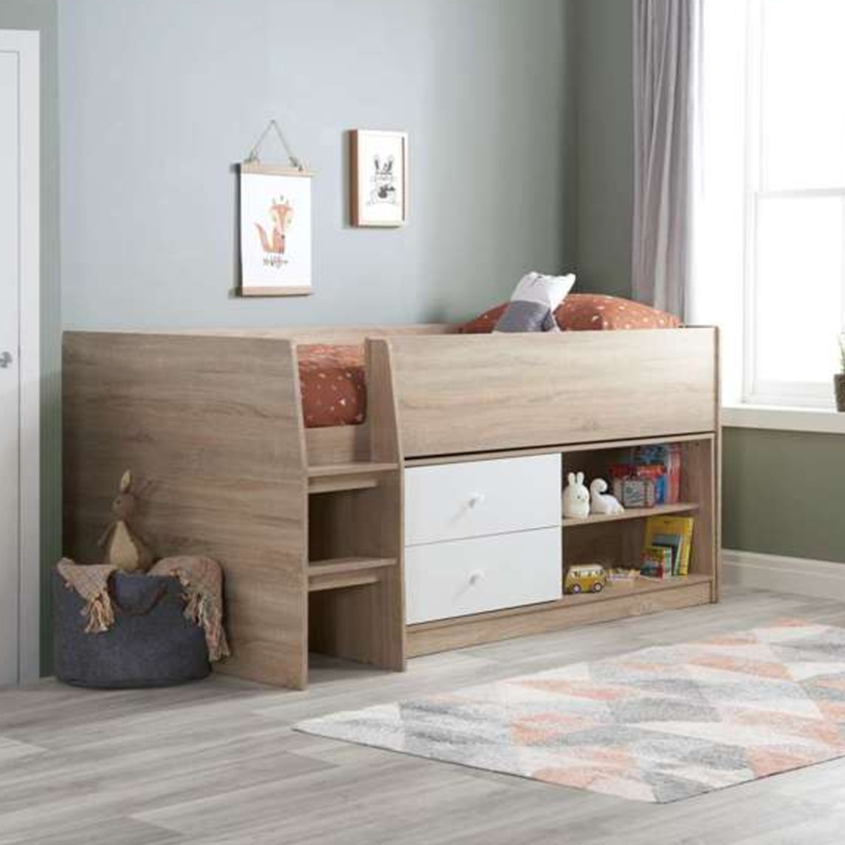 Single Leyton Cabin Bed with Pull Out Drawers - White and Oak Effect - Birlea Essentials