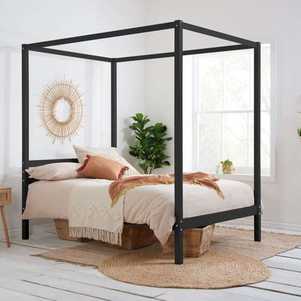 Solid Slatted Headboard Black Four Poster Bed - Kingsize 5ft - Birlea Essentials