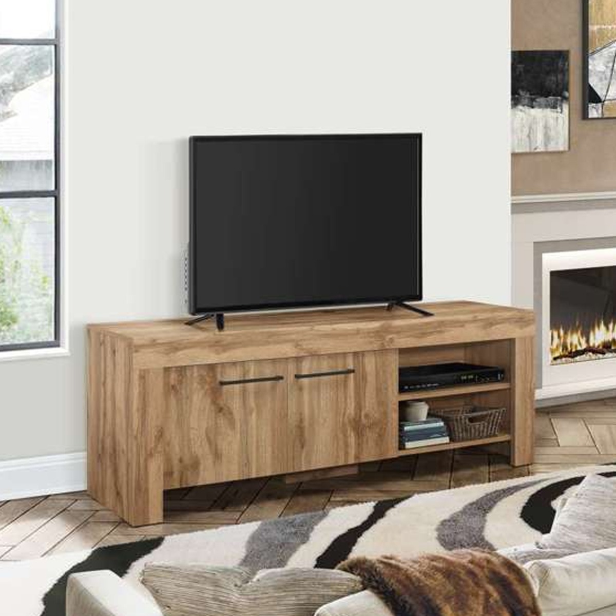 Modern Design 2 Large Shelves Tv Unit Stand with Two Large Drawers- Oak - Birlea Essentials
