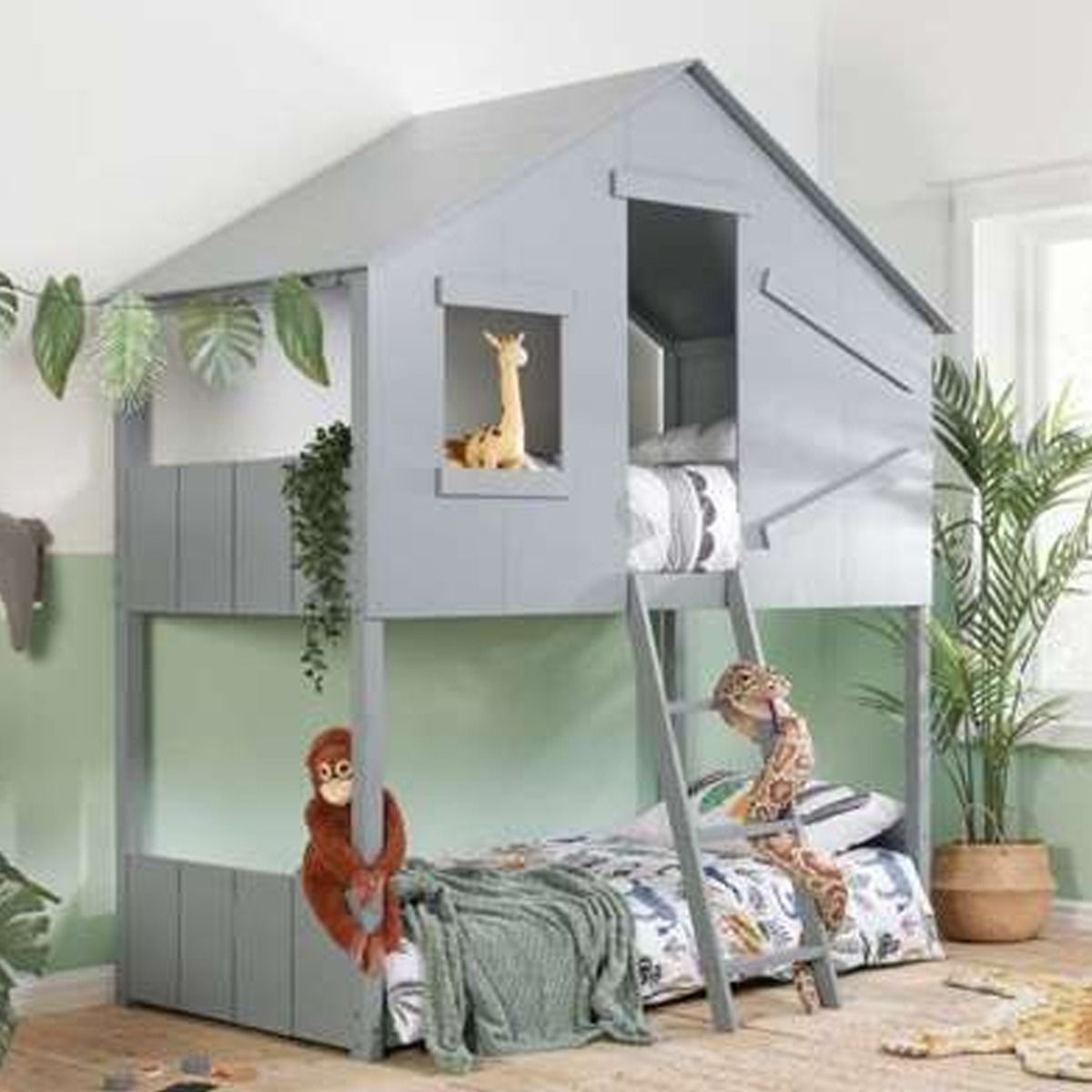 Country Style Wooden Frame Safari Kids Bunk Bed - Grey - Birlea Essentials