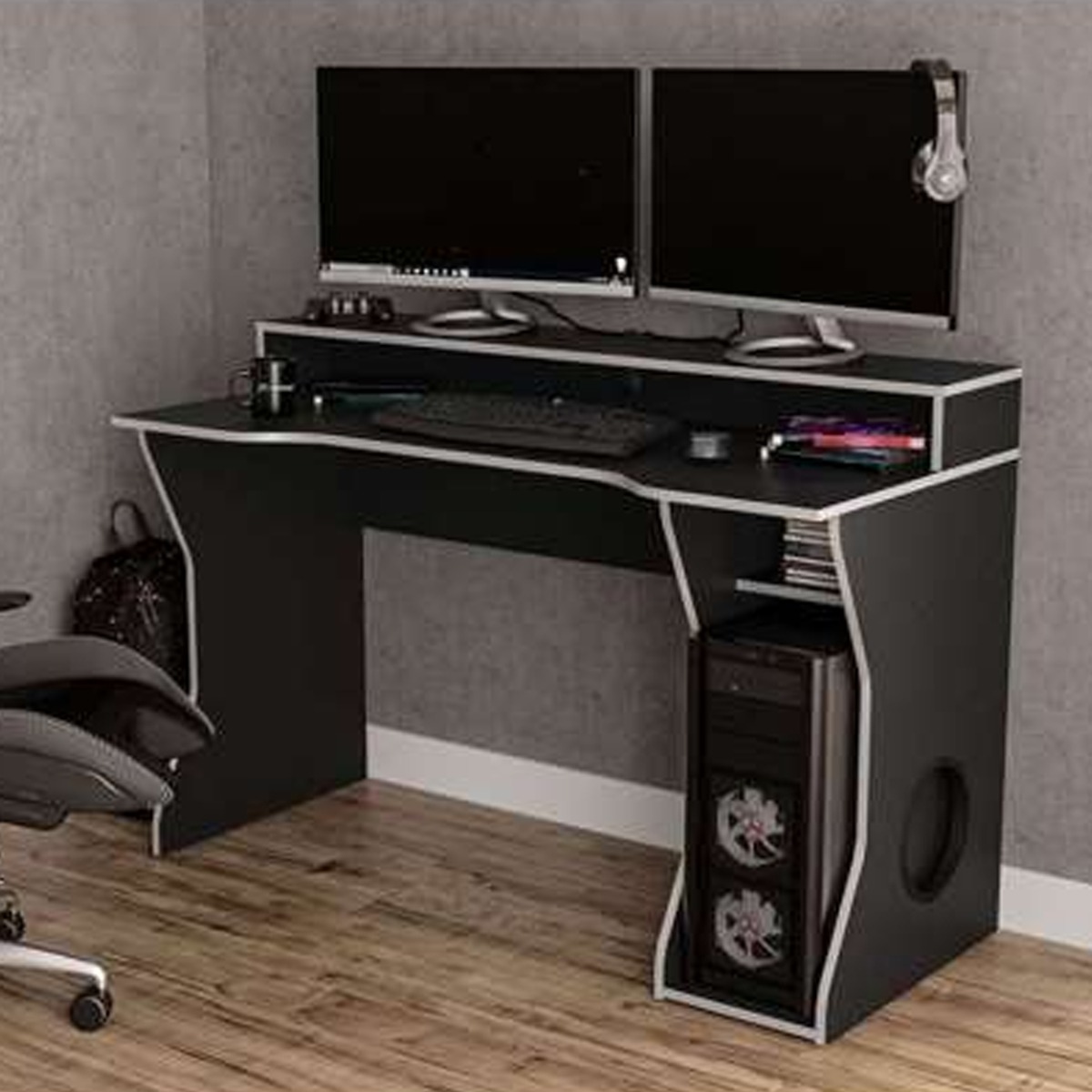 Ergonomic Enzo Gaming Computer Desk - Black with Silver - Birlea Essentials