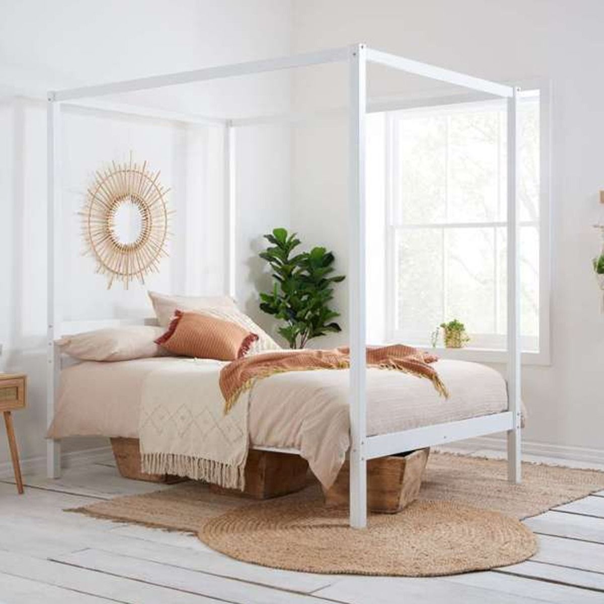 Solid Slatted Headboard White Four Poster Bed - Standard Double 4ft6 - Birlea Essentials