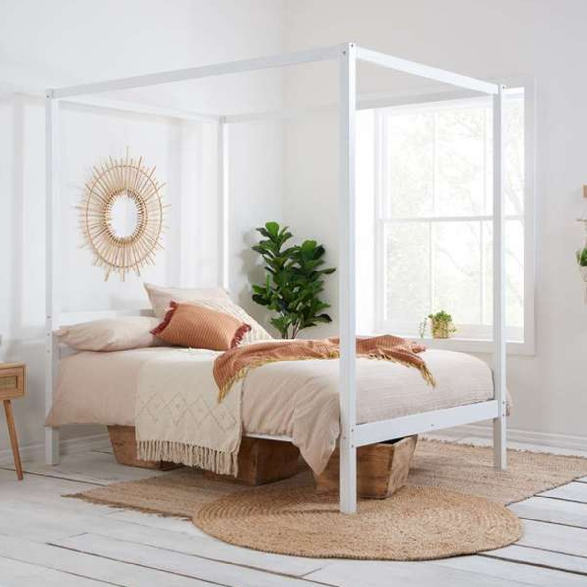 Solid Slatted Headboard White Four Poster Bed - Kingsize 5ft - Birlea Essentials