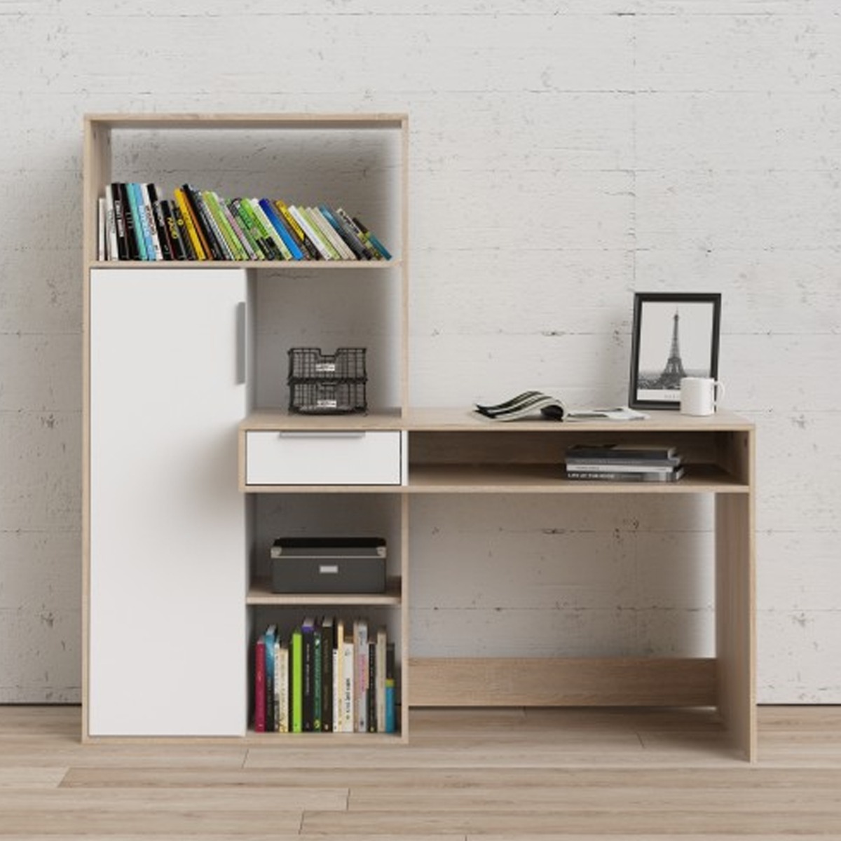 Milton Multi Storage Shelf Computer Desk with Door and Drawer - White and Oak - Rosalind Collection