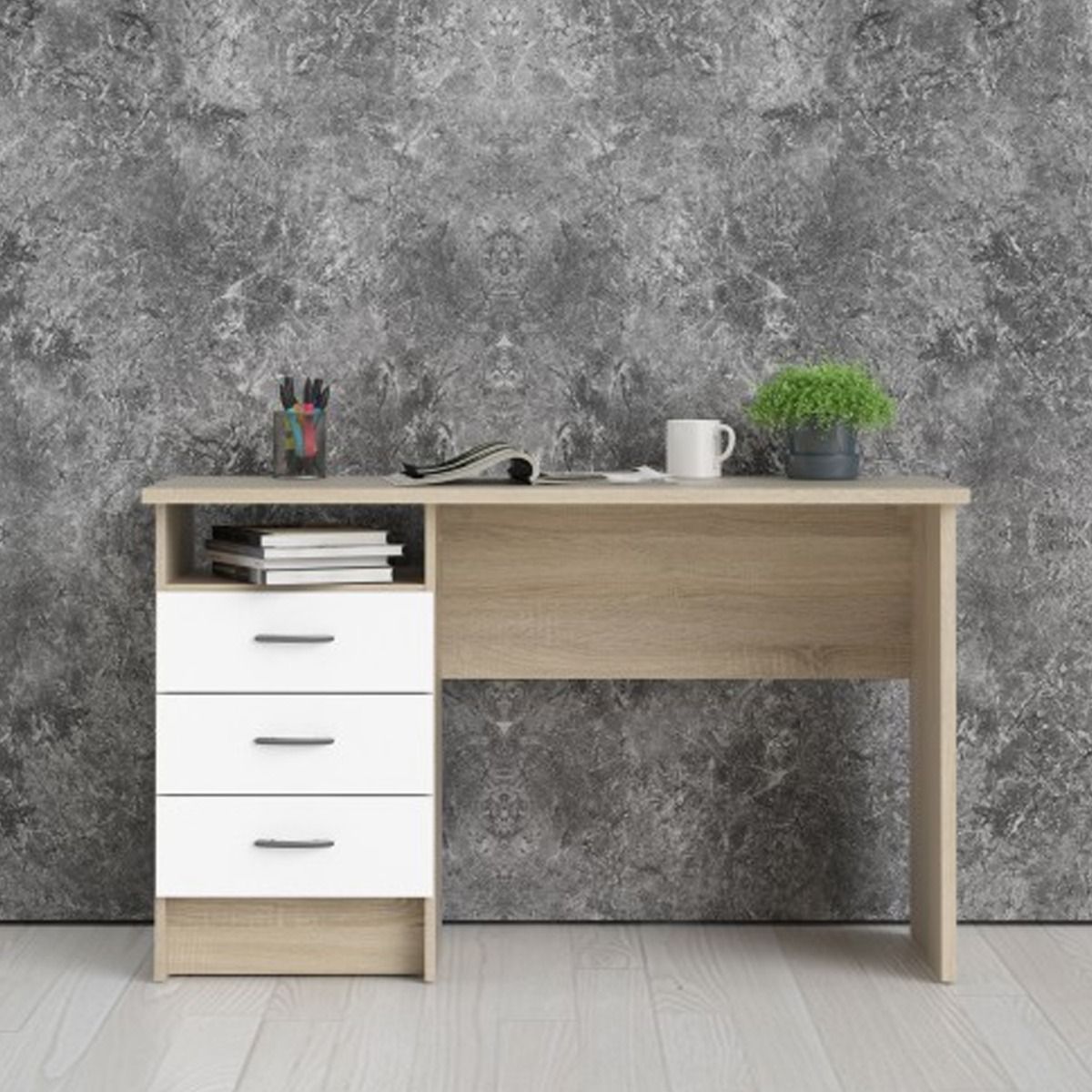 Milton 3 Drawers Computer Desk - Oak and White - Rosalind Collection