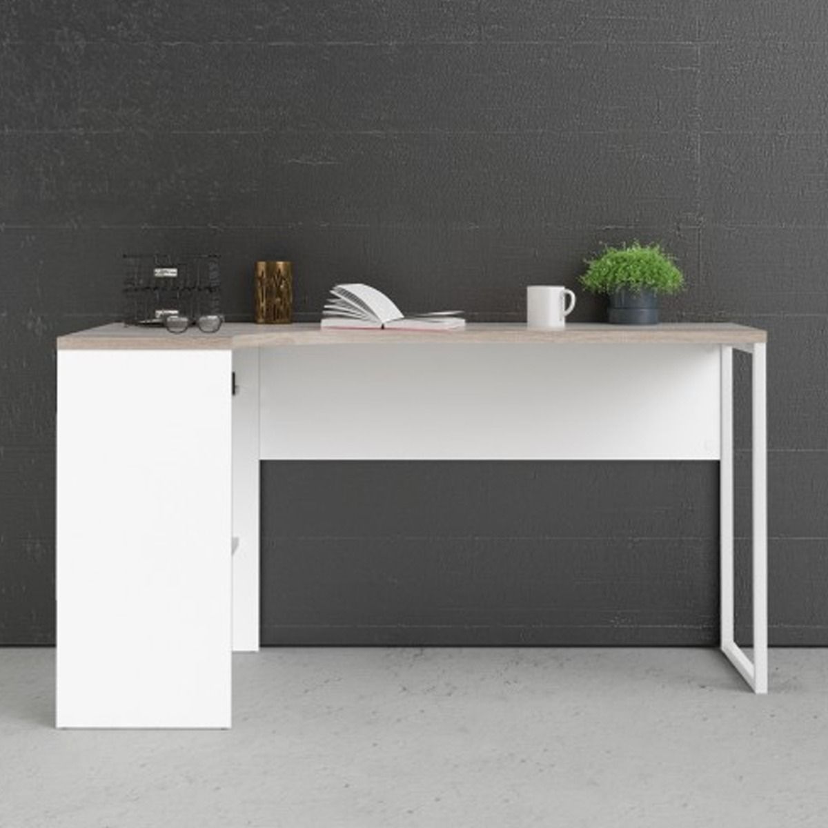 Milton 2 Drawers Corner Computer Desk - White and Truffle Oak - Rosalind Collection