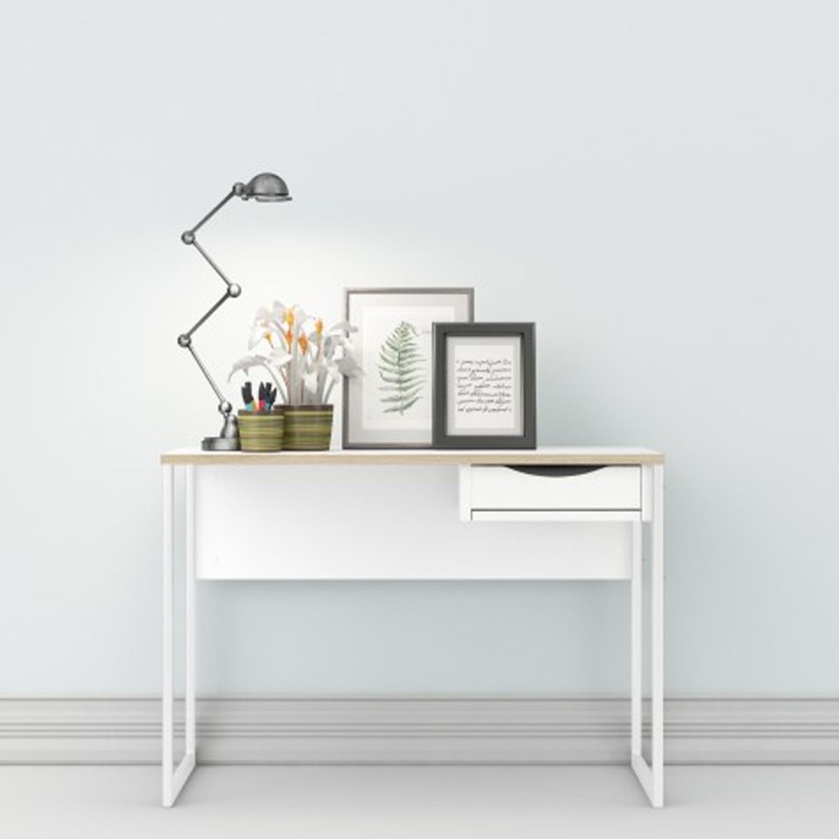 Milton White Metal Frame Computer Desk with Drawer - Oak Top - Rosalind Collection