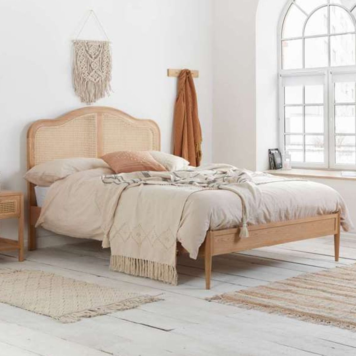 Rattan Design Headboard Sprung Slatted Base Brown Bed - 5ft Kingsize - Birlea Essentials