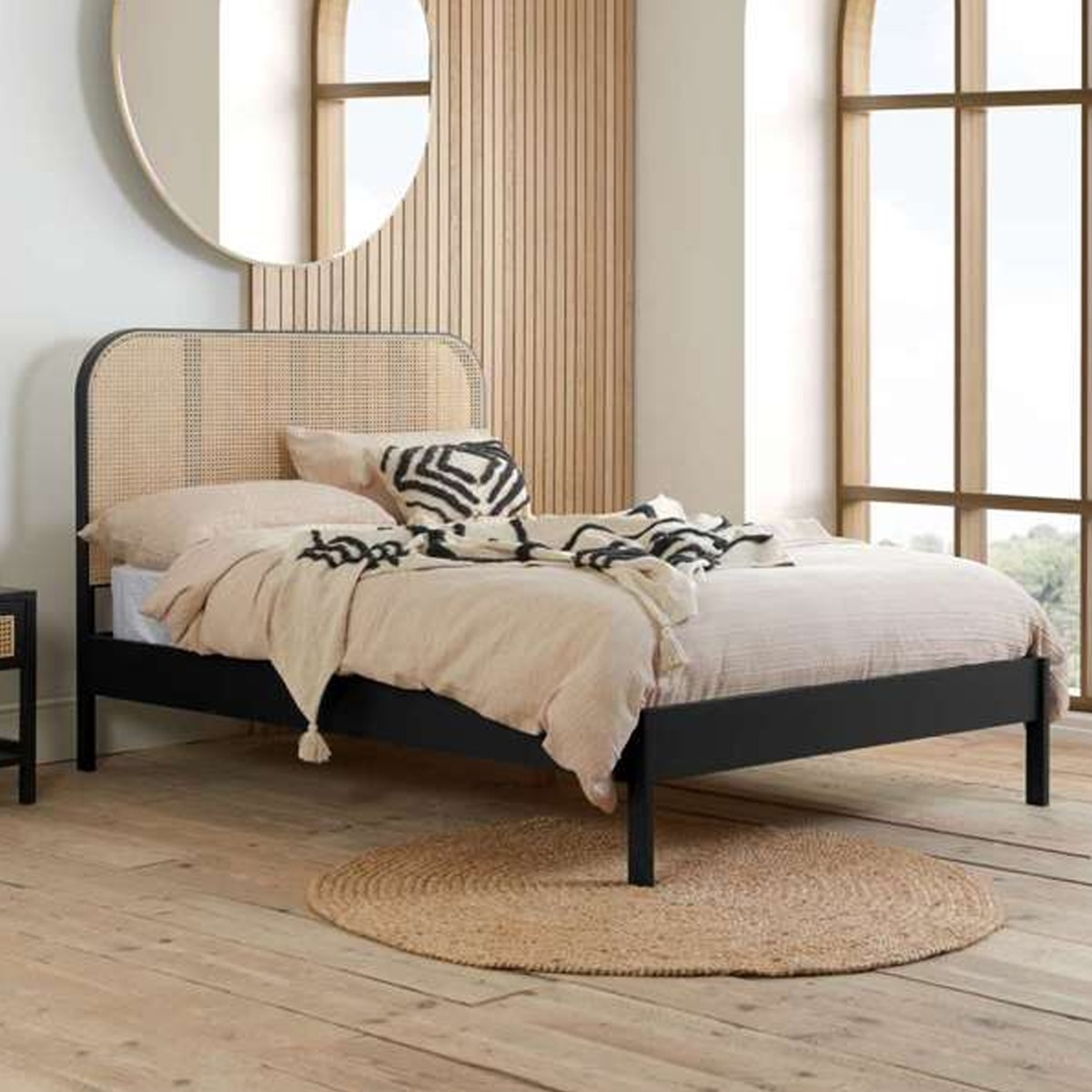 Rattan Curved Headboard Styled Solid Slats Black Bed - Super Kingsize 6ft - Birlea Essentials
