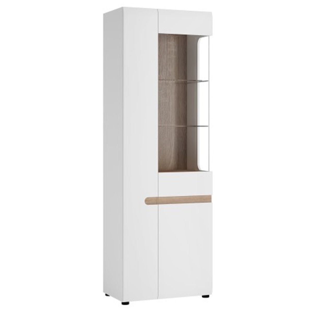 Stanley Tall Glazed Narrow Display Unit - White with Truffle Oak - Rosalind Collection