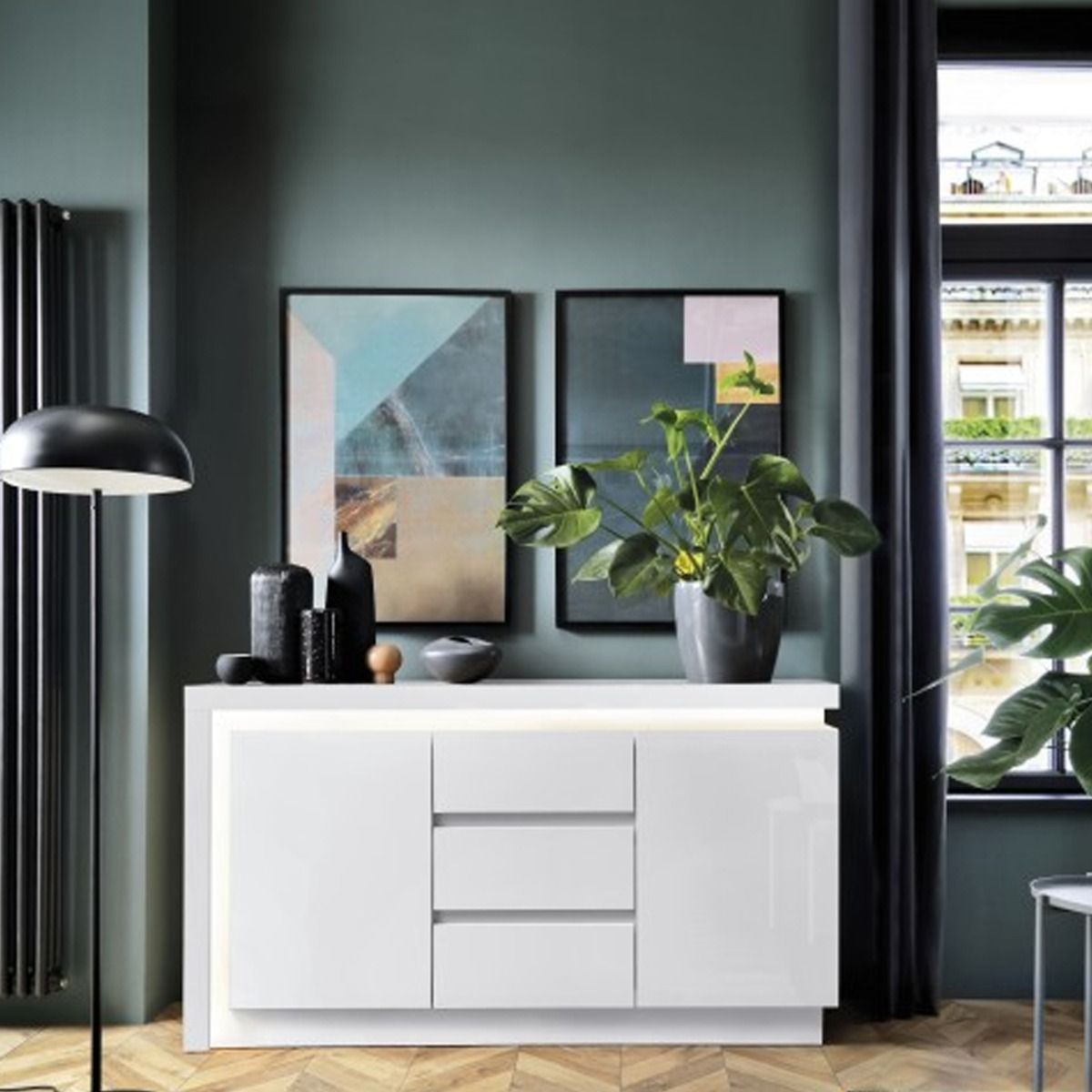 Newry High Gloss 3 Door Glazed Sideboard With 3 Drawers and LED Lights - White - Rosalind Collection