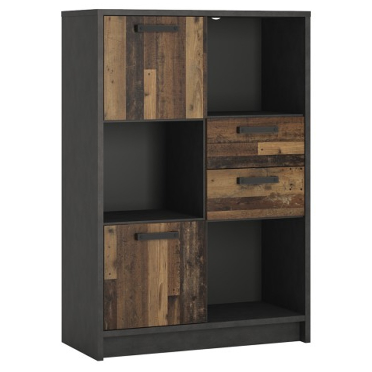 Romania Low Bookcase with 2 Doors and 2 Drawers - Walnut and Dark Matera Grey - Rosalind Collection