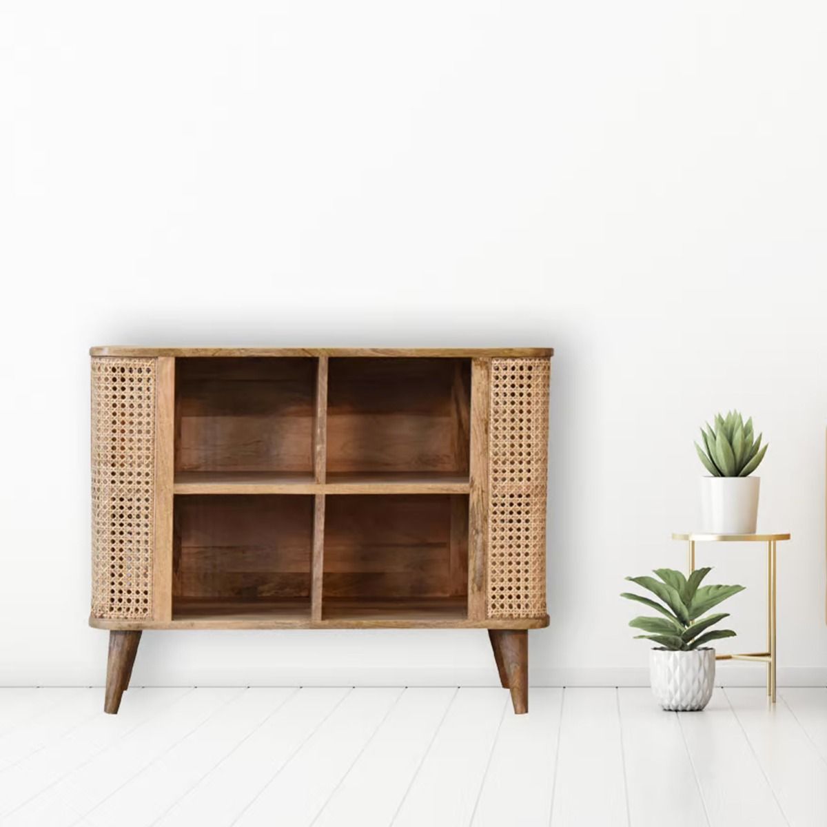 GENOVA Solid Wood Rattan Design Larissa Open Display Cabinet with 4 Shelves - Oak - Beasley & Sons