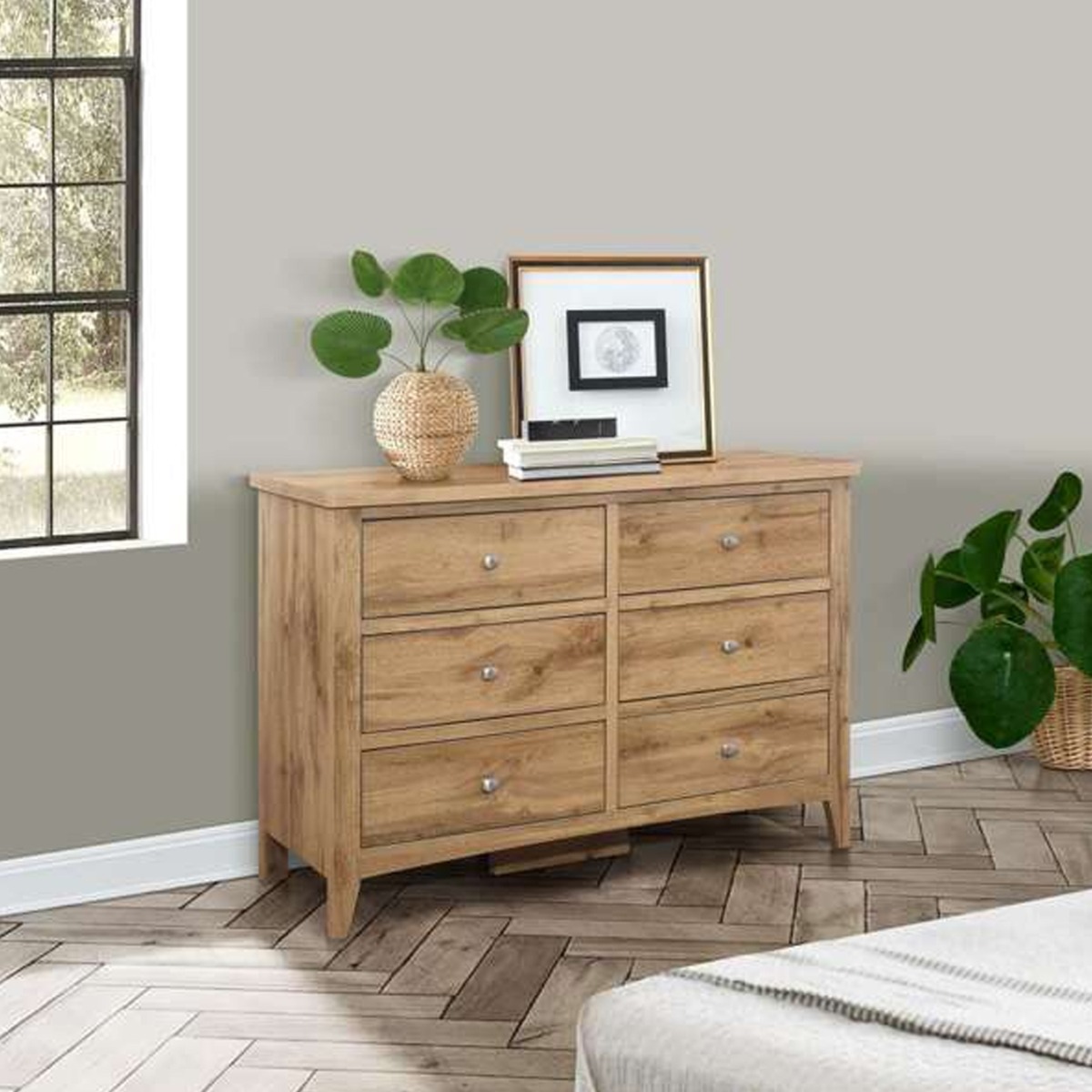 HASTINGS Oak Finish Chest of Drawers - Large-sized, 6 Drawers, Double - Birlea Essentials