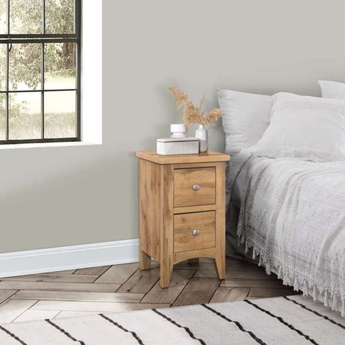 Bedside Table - CROMER 2 Drawer Nightstand Oak 35cm - Birlea Essentials