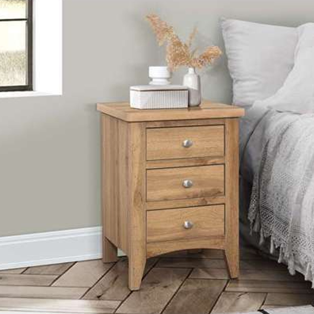 Bedside Table - CROMER 3 Drawer Nightstand Oak 42cm - Birlea Essentials