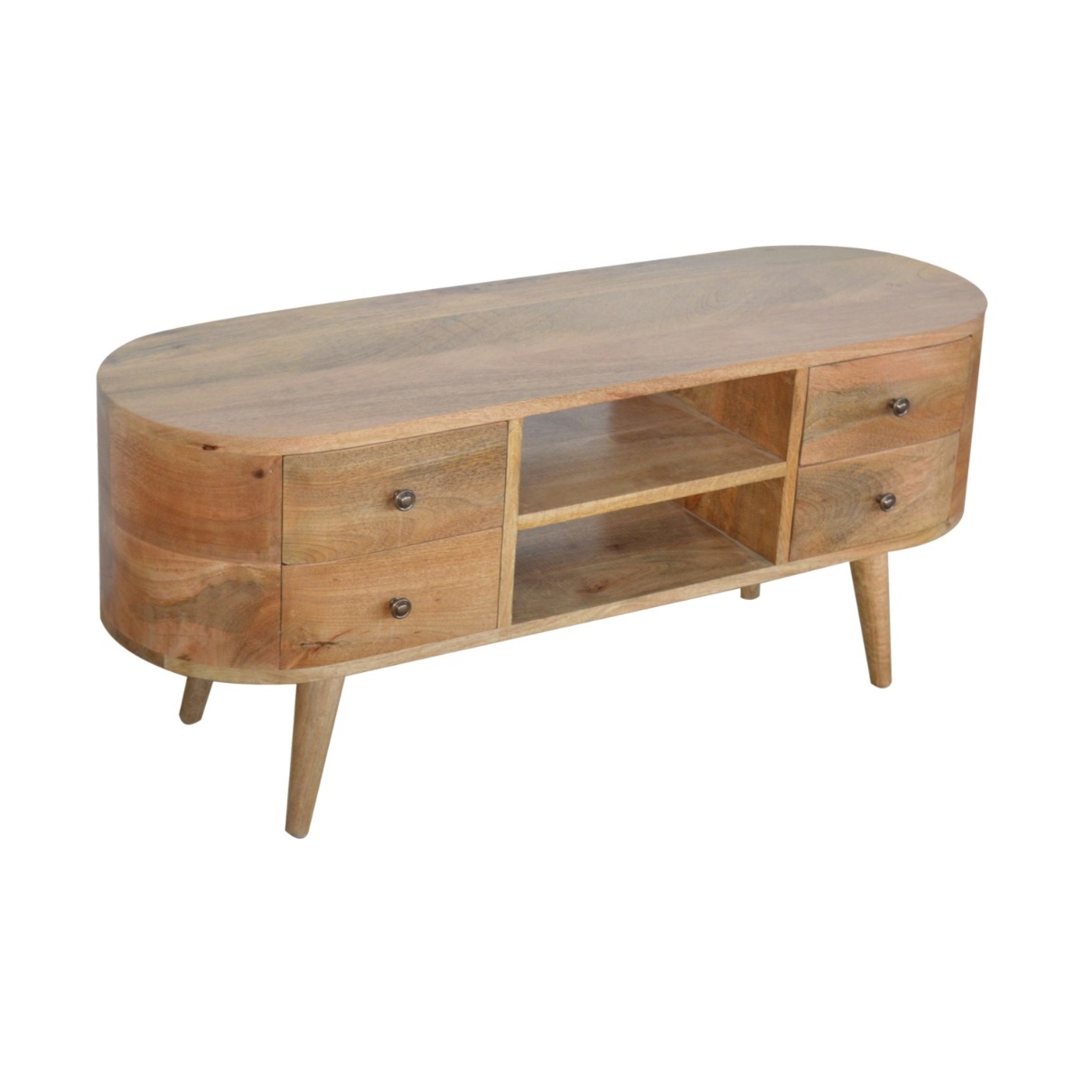 Solid Wood Round Curved 4 Drawers Tv Stand Unit with Open Slots - Oak - Beasley & Sons