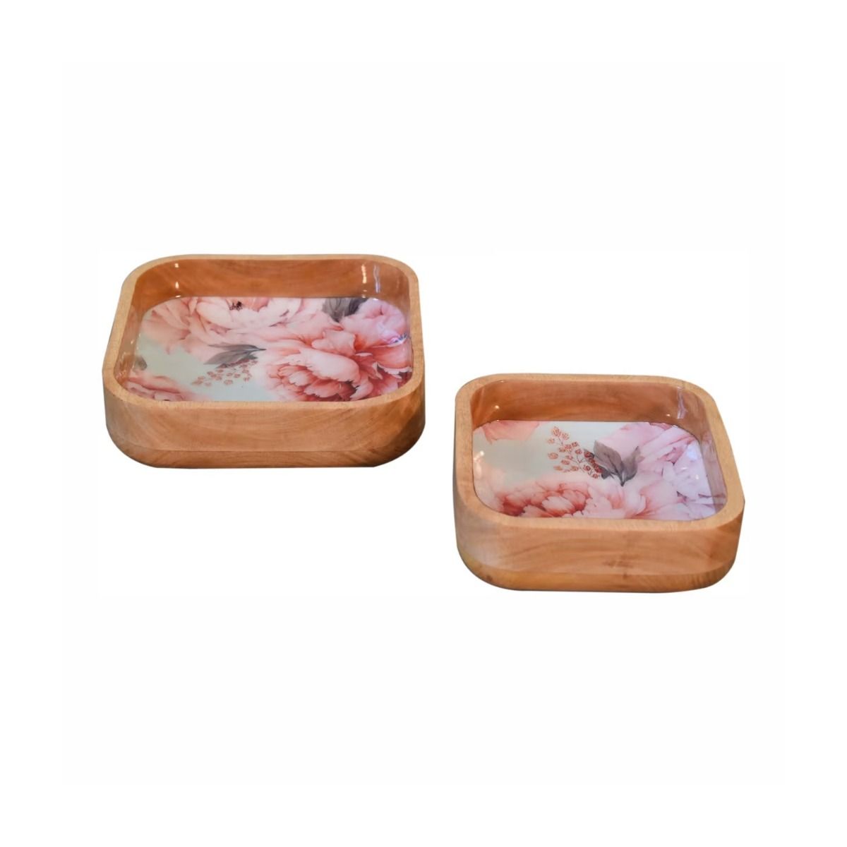 Mango Wood Pink Floral Square Bowl Set of 2 - Beasley & Sons