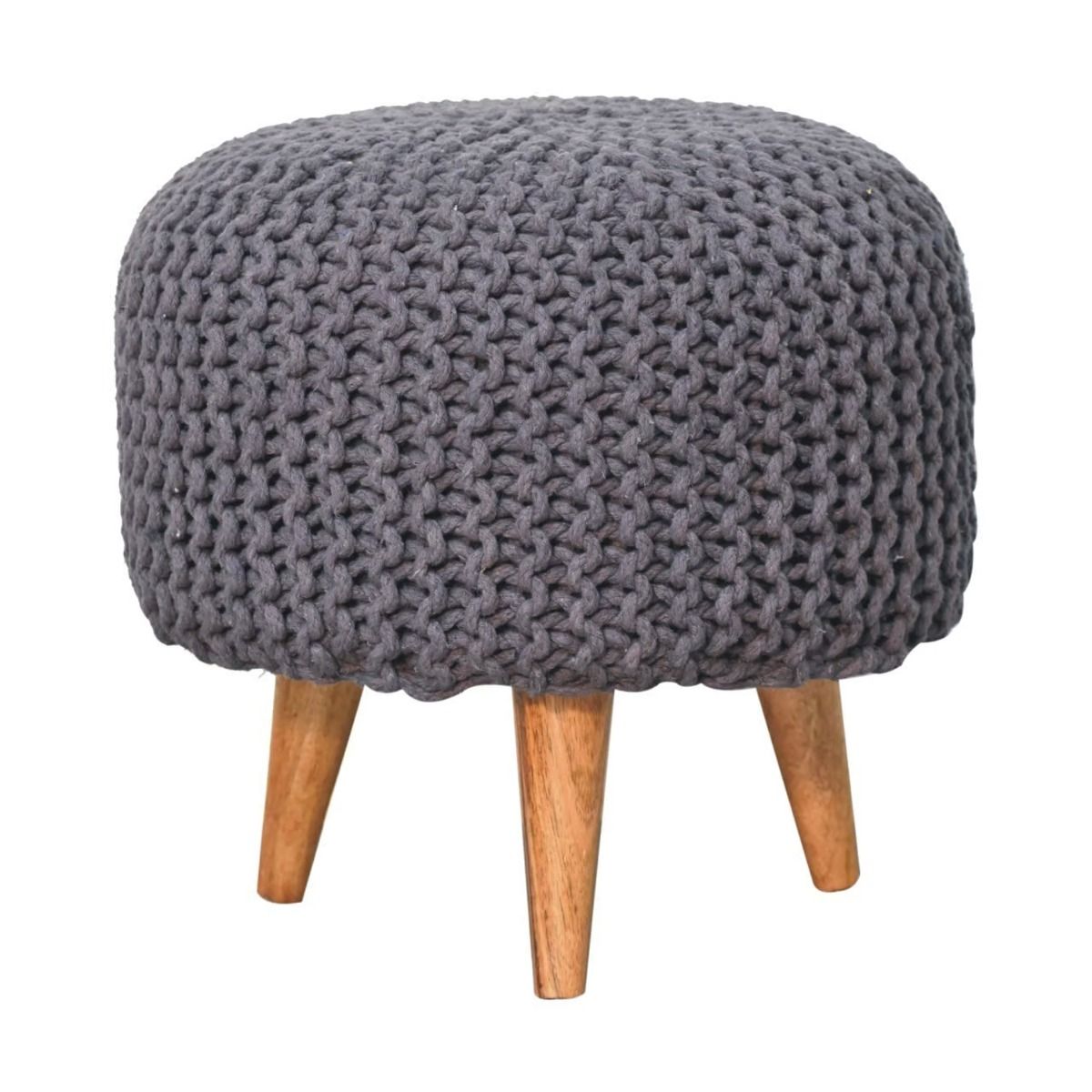 Solid Oak Legs Grey Round Woven Top Footstool - Beasley & Sons