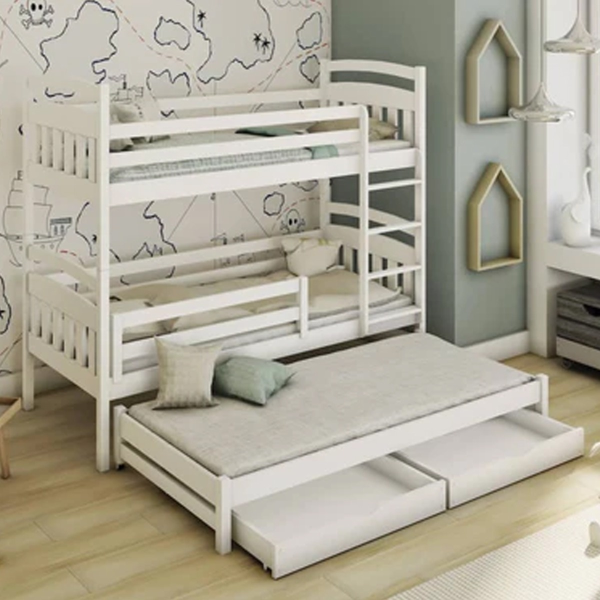Wooden 2 Drawers Storage Bunk Bed Elana with Trundle - White - Art Nest