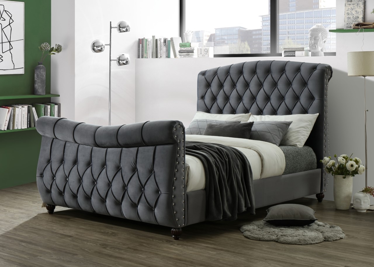 Sareer Lachelle Luxury Dark Grey Velvet Bed - Double 4ft6 - Kaitlyn & Co Industries