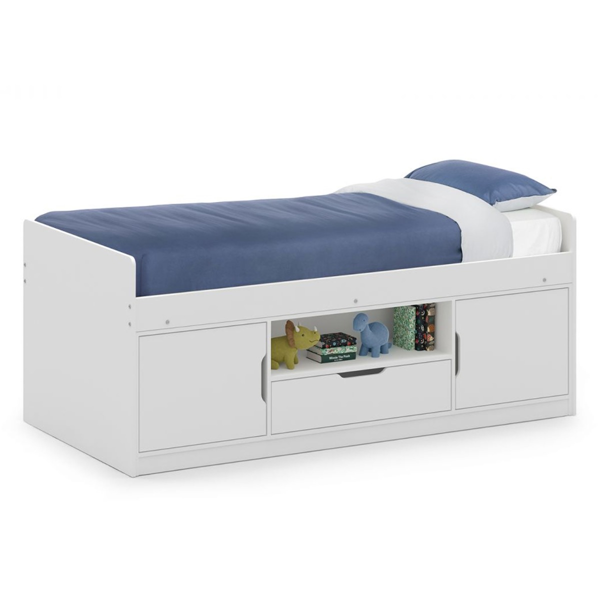 Atom Low Sleeper with Two Cupboards, Drawer and Open Shelf - White - JB Collections
