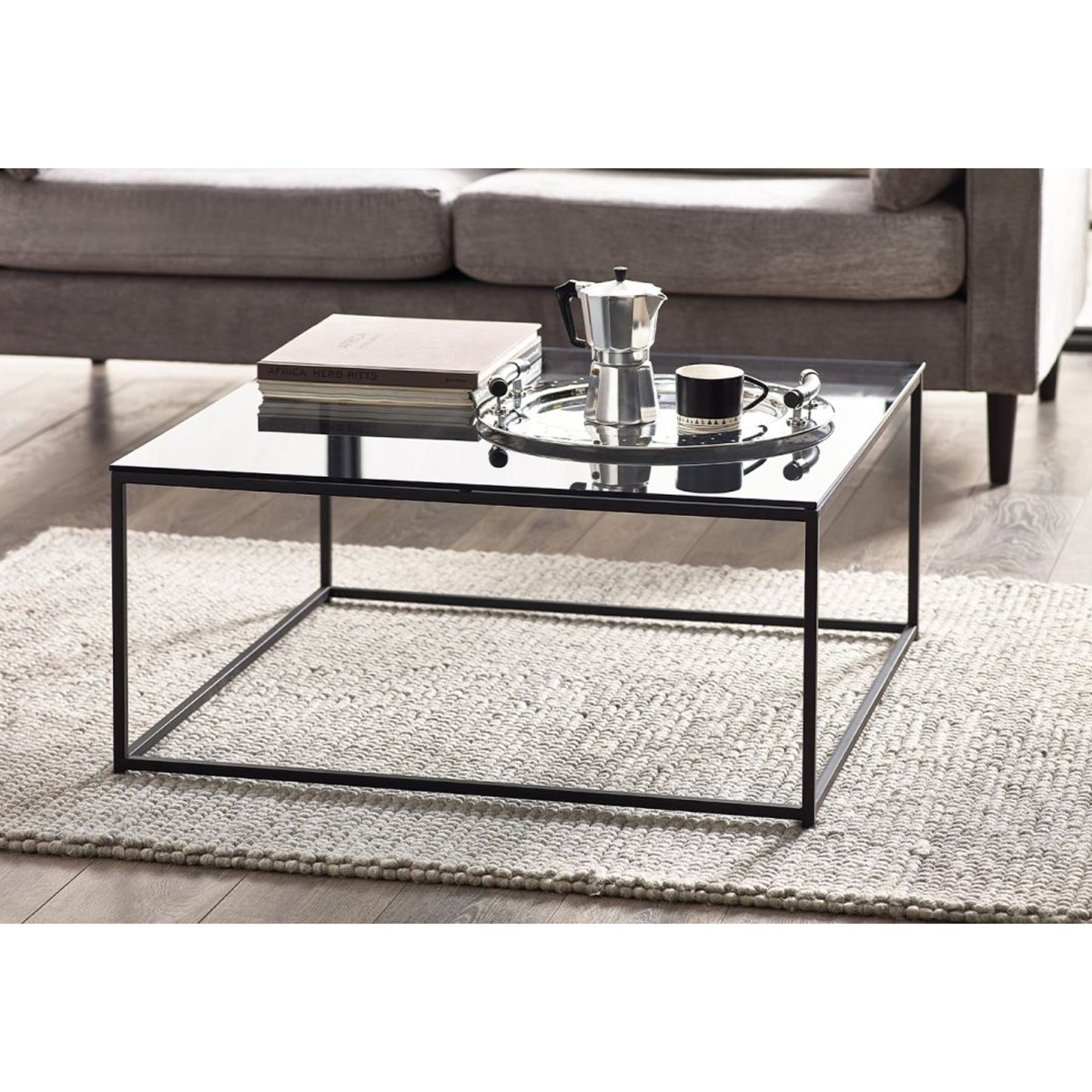 Black Frame Chicago Square Coffee Table - Smoked Glass - JB Collections
