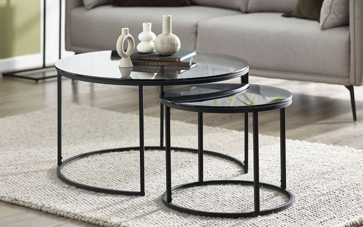 Black Frame Chicago Round Nesting Coffee Tables - Smoked Glass Top - JB Collections