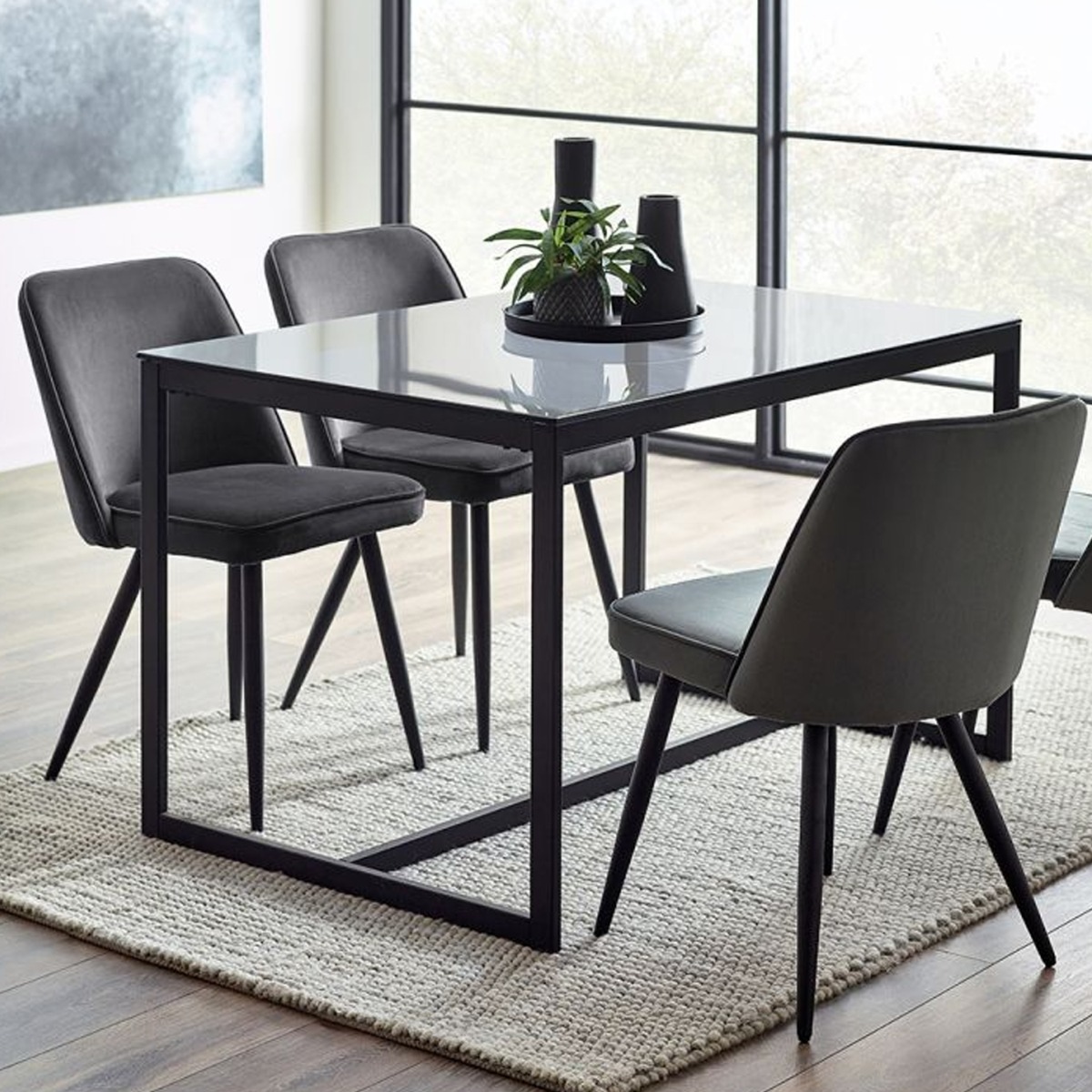 Black Frame Chicago Dining Table - Smoked Glass Top - JB Collections