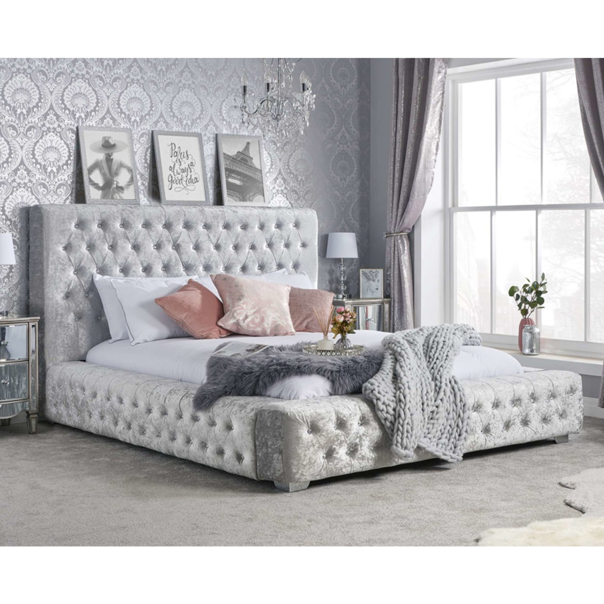 Grande Steel Crush Velvet Fabric Buttoned Headboard Upholstered Bed - Kingsize 5ft - Birlea Essentials