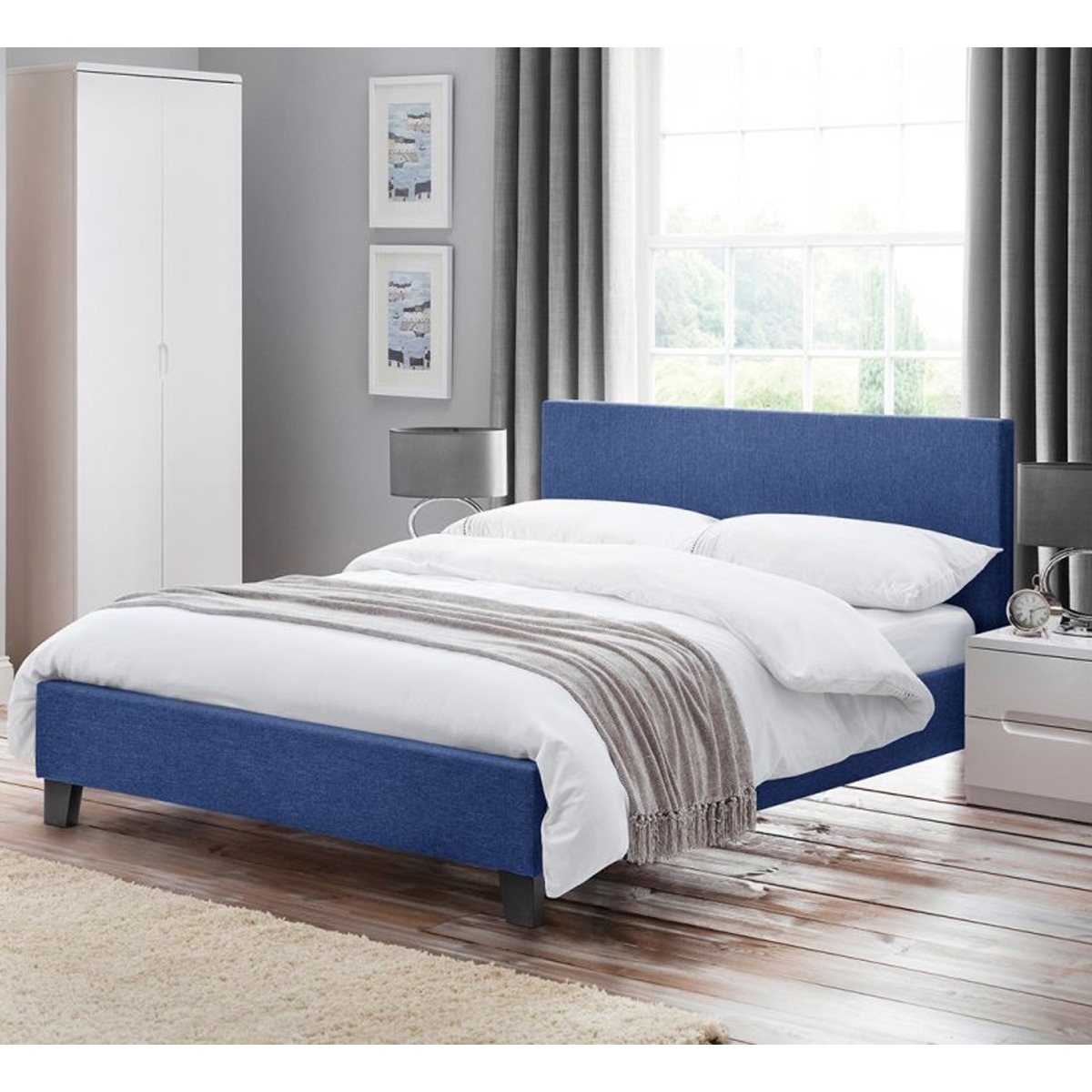 Rialto Dark Blue Linen Fabric Bed Frame - 4ft6 Double - JB Collections