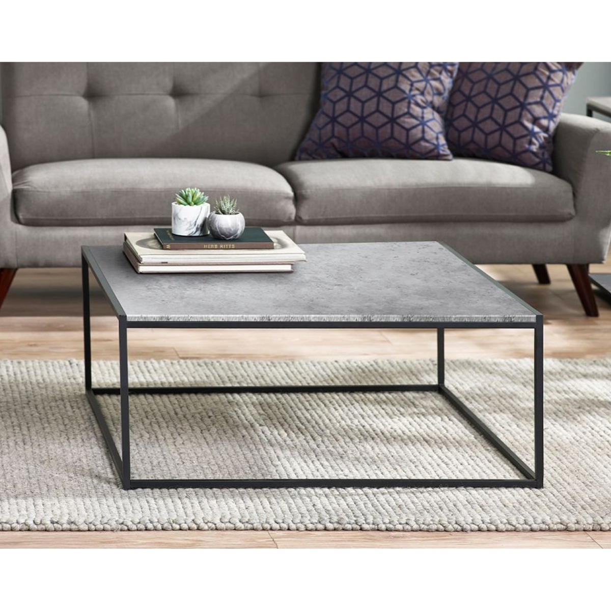 Staten Metal Frame Square Coffee Table - Concrete Effect - JB Collections