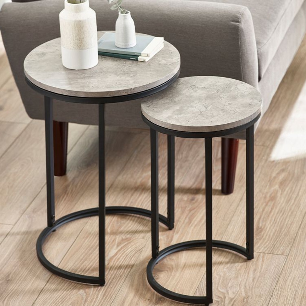 Staten Metal Frame Round Nesting Side Tables - Concrete Effect - JB Collections
