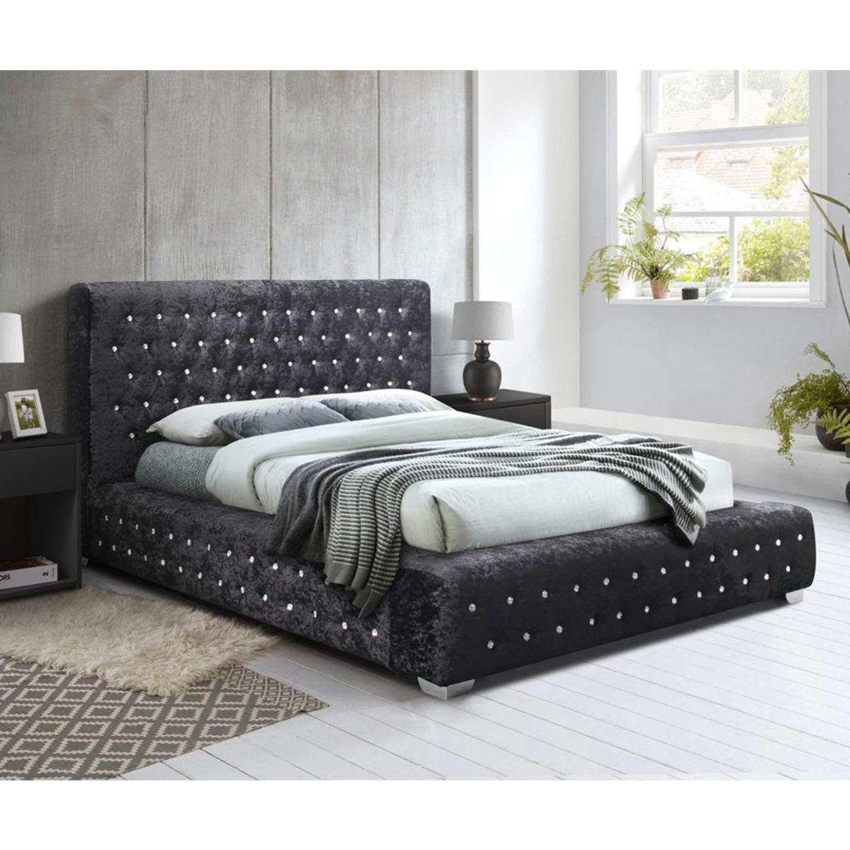 Grande Buttoned Headboard Crush Velvet Fabric Upholstered Bed - Super Kingsize 6ft - Birlea Essentials