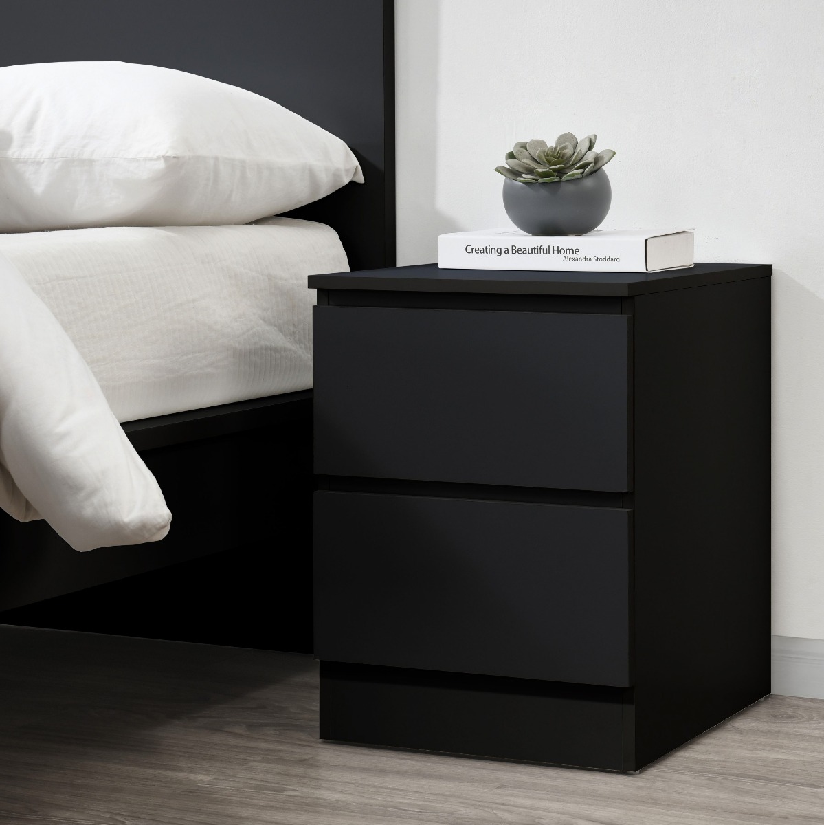 Bedside Table - TROW 2 Drawer Nightstand Black 40cm - Birlea Essentials