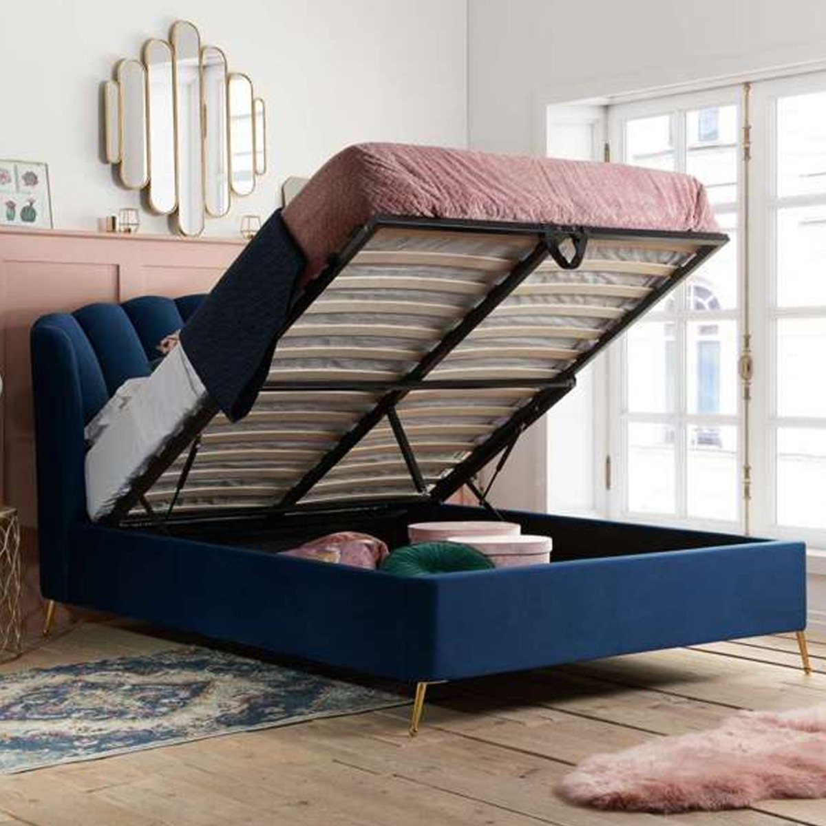 Lottie Upholstered Ottoman Midnight Blue Bed - Standard Double 4ft6 - Birlea Essentials